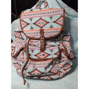 Pastel Aztec Tribal Print Boho Backpack Canvas Faux Leather Trim Southwestern